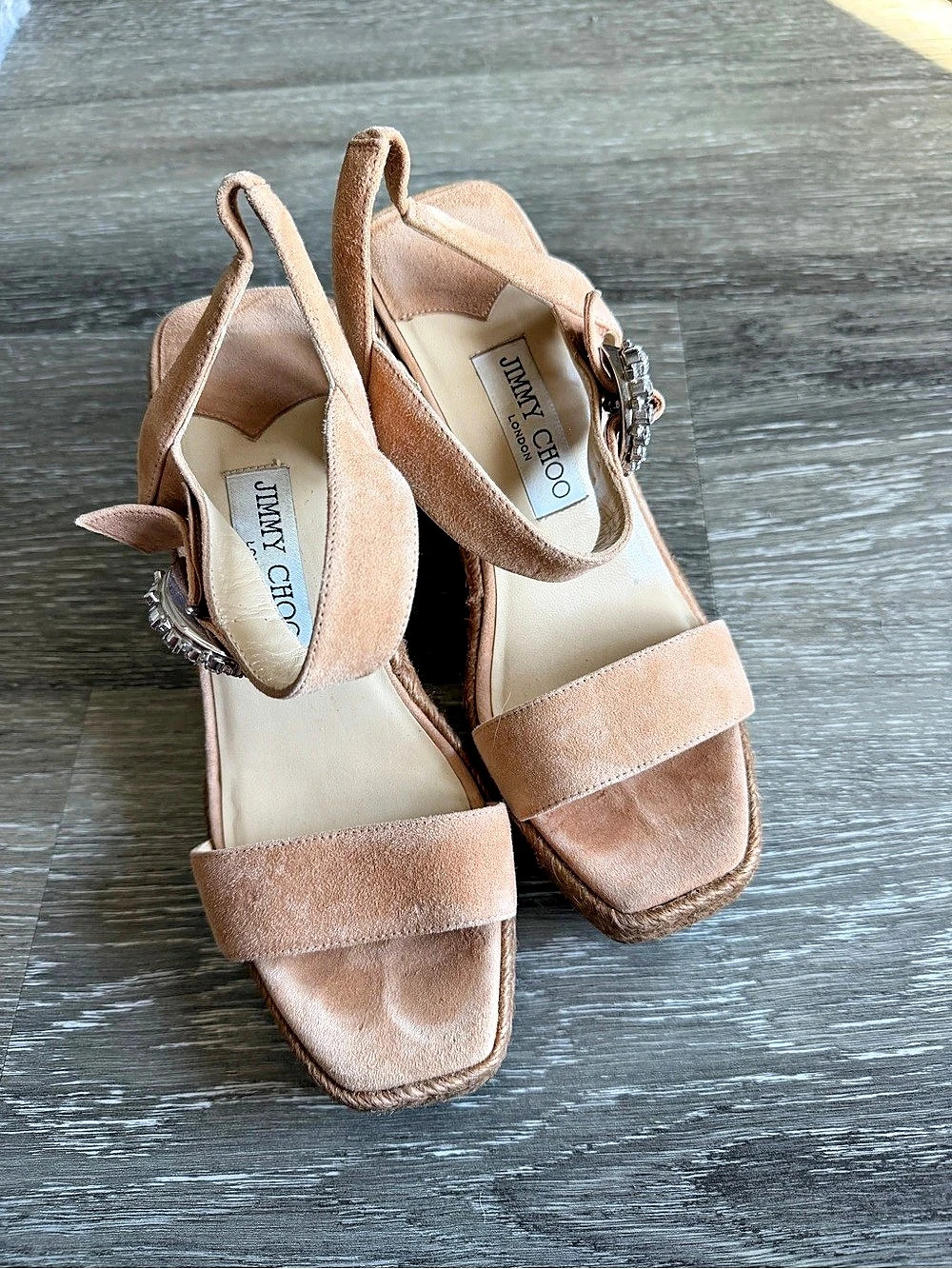 Jimmy Choo Mirabelle Crystal-Buckle Suede Espadrille Wedge Sandals Brown - Picture 2 of 5